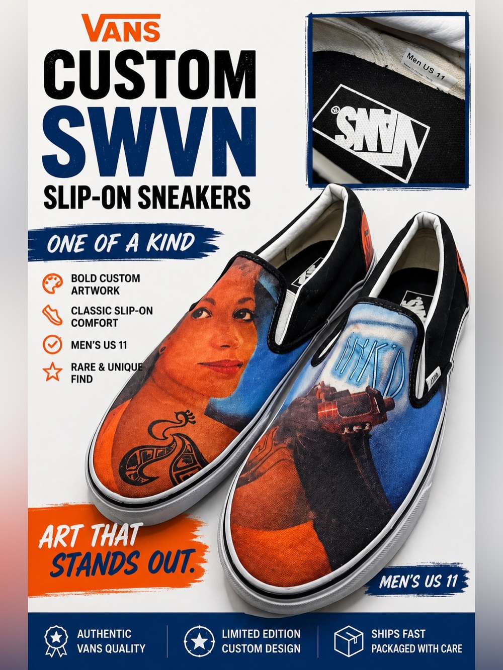 Vans Custom Art Classic Slip-On Sneakers Men’s Size 11 –  Ink’d Graphic Shoes
